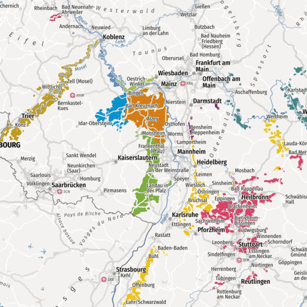 Detailed map of the German wine regions near Frankfurt showing BottleStops wine tours options
