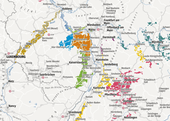 Detailed map of the German wine regions near Frankfurt showing BottleStops wine tours options