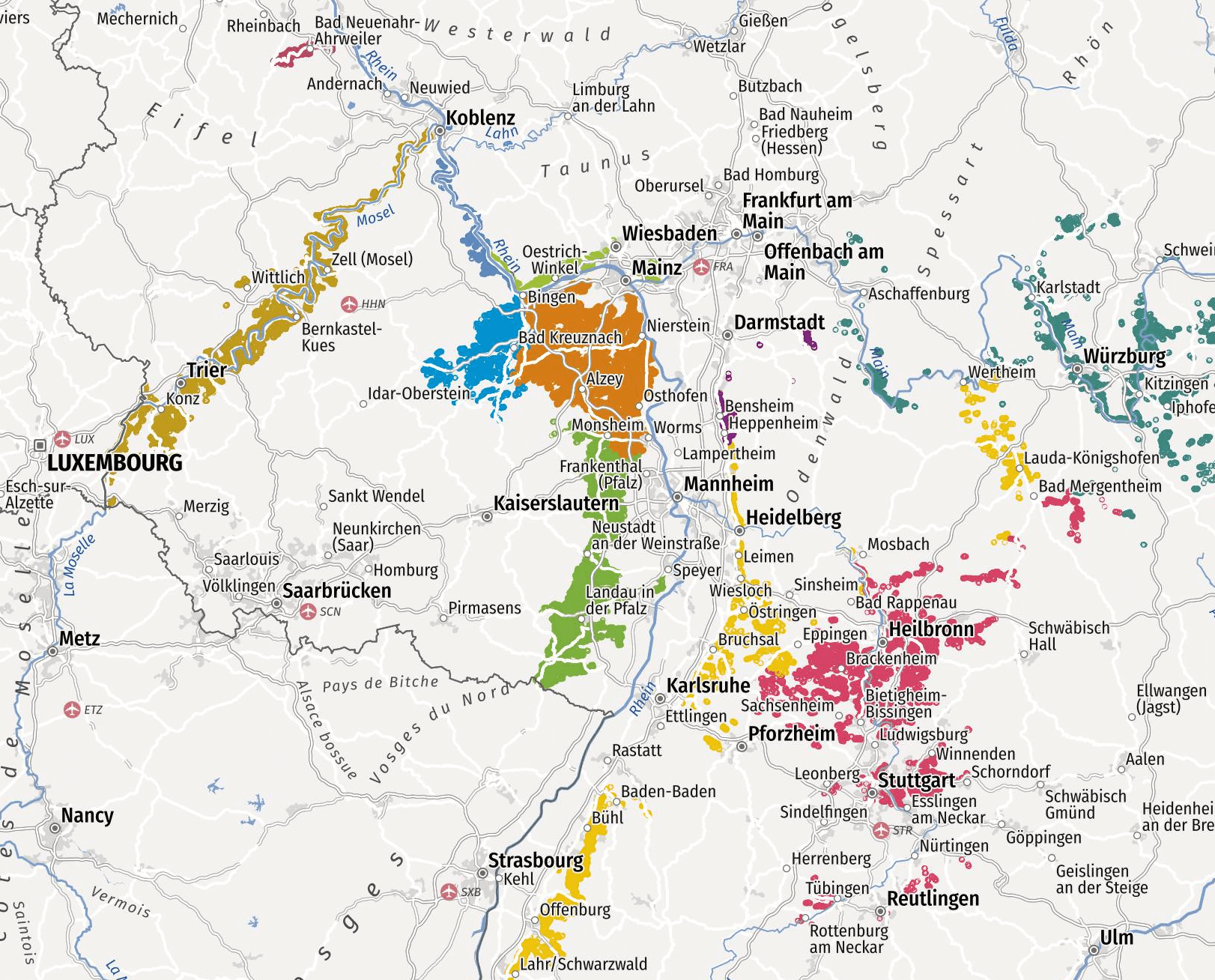 Detailed map of the German wine regions near Frankfurt showing BottleStops wine tours options